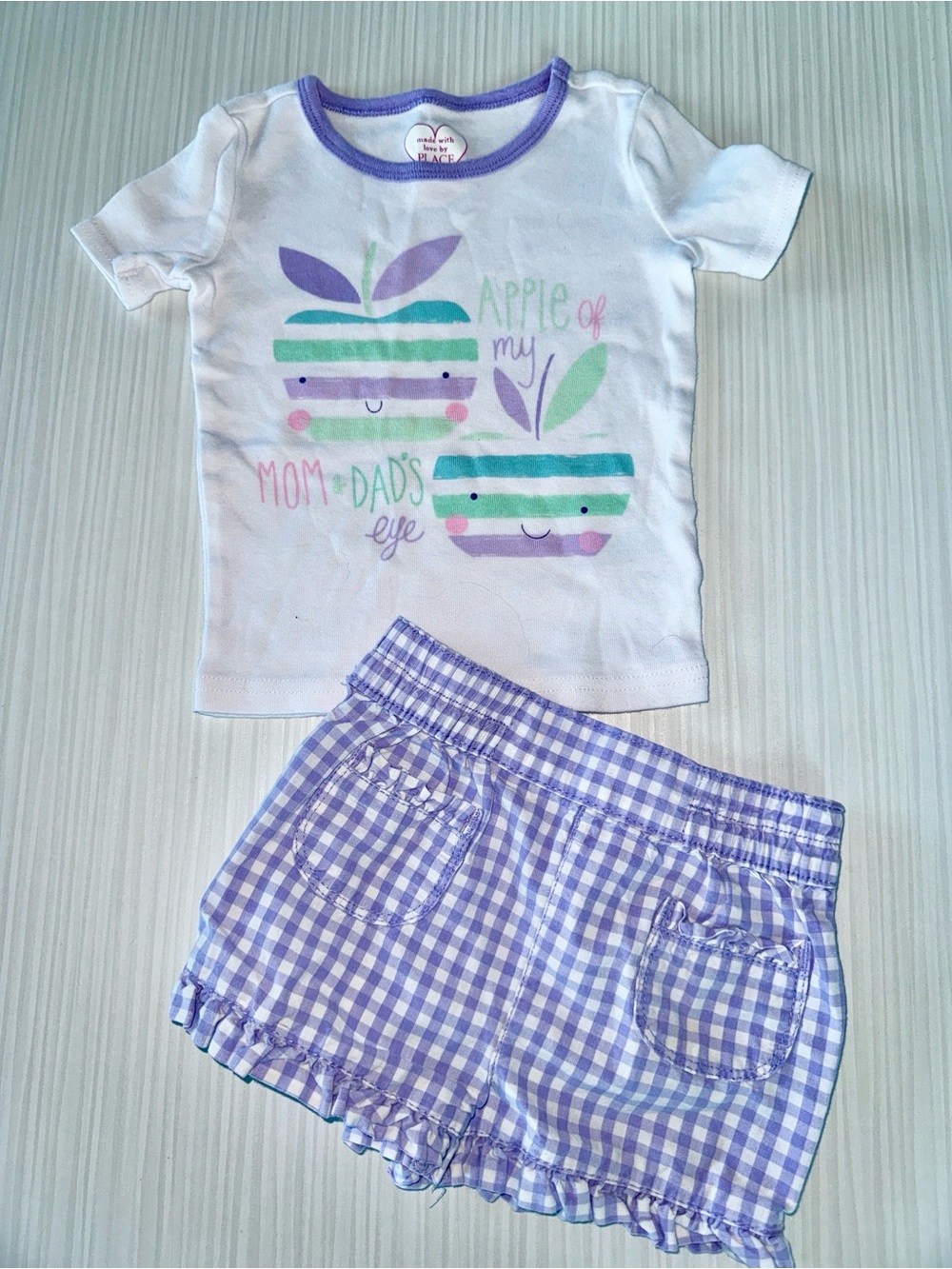 Toddler Girls White & Purple Apple Top and Purple and White Gingham Shorts 18-24